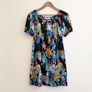 Tibi Black Floral Silk Puff Sleeve Shift Dress XS Spring Brunch